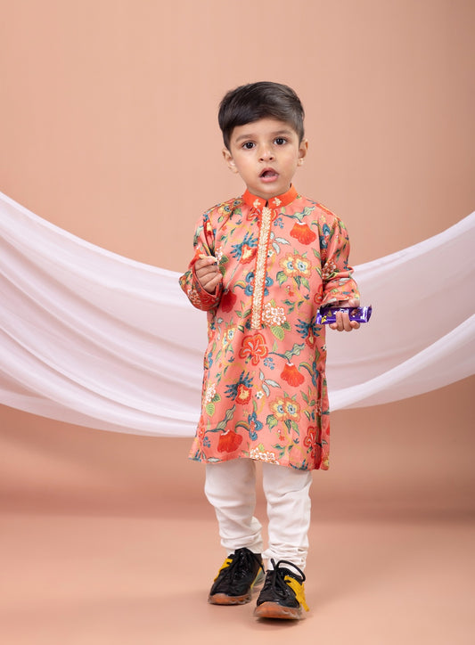 Peach Flower Printed Kurta With Pajama Set