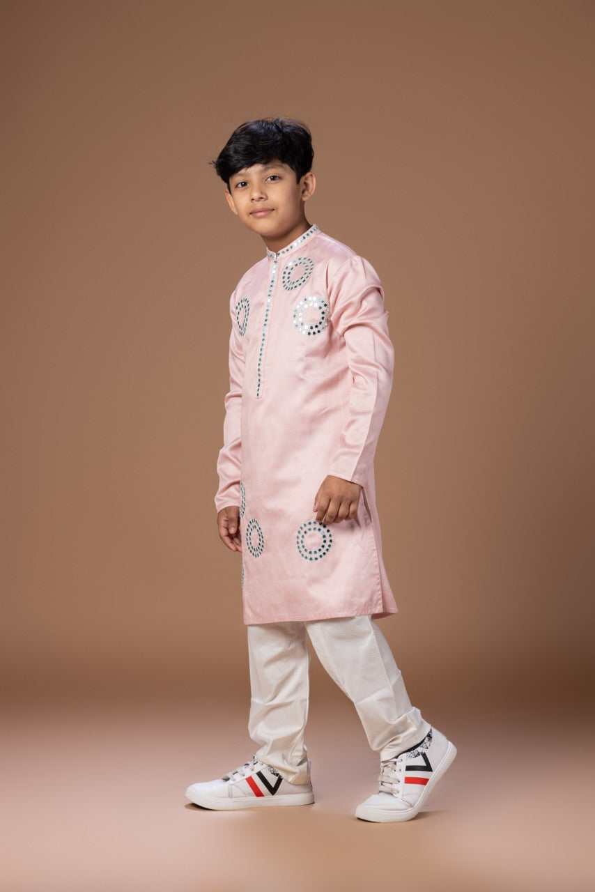 Powder Pink Mirror Work Embroidery Kurta With Pajama Set