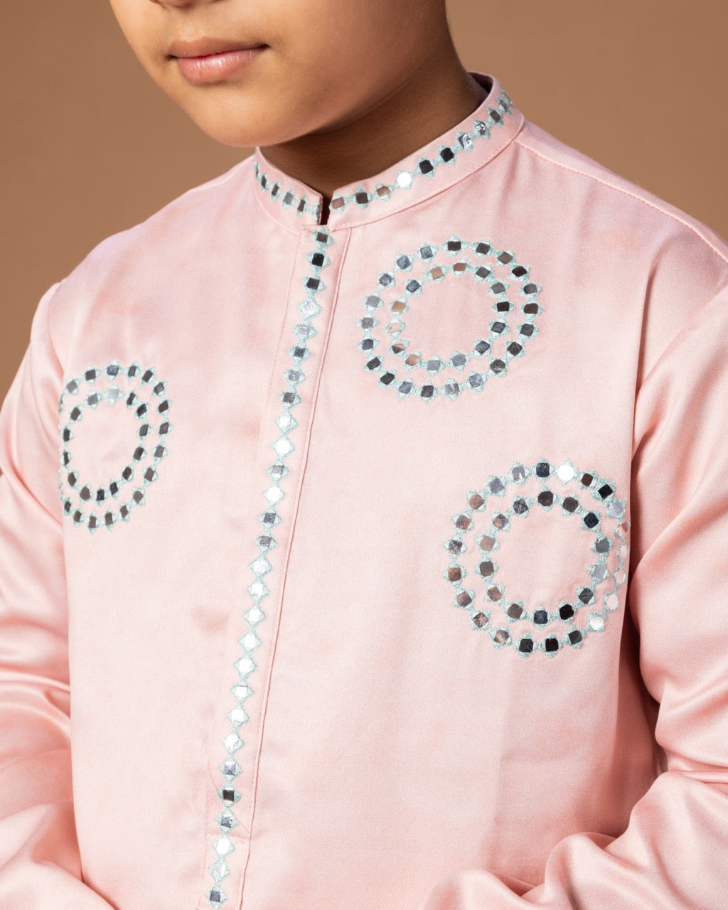 Powder Pink Mirror Work Embroidery Kurta With Pajama Set