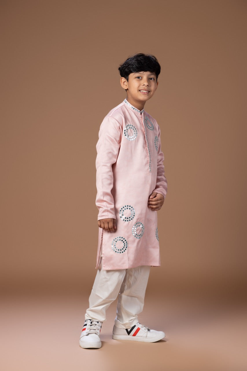 Powder Pink Mirror Work Embroidery Kurta With Pajama Set