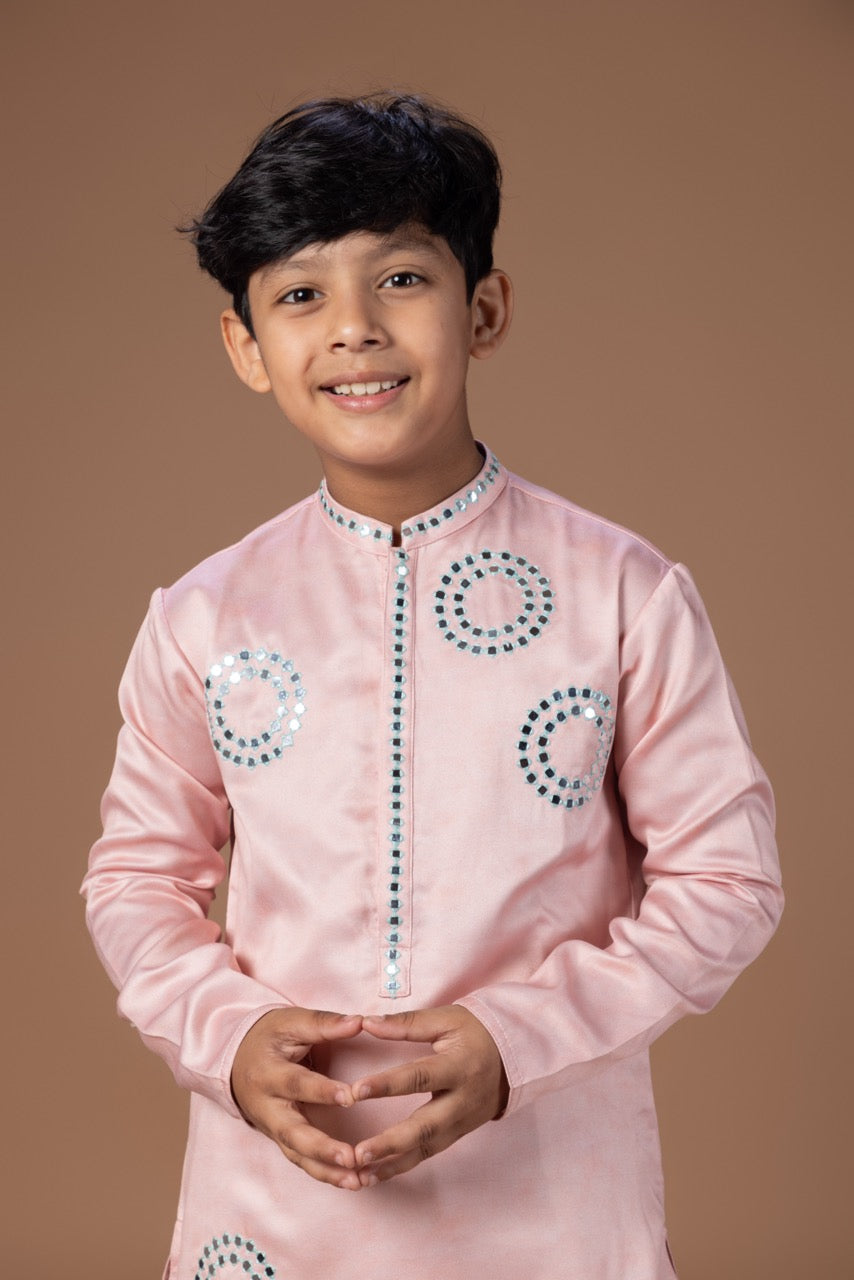 Powder Pink Mirror Work Embroidery Kurta With Pajama Set