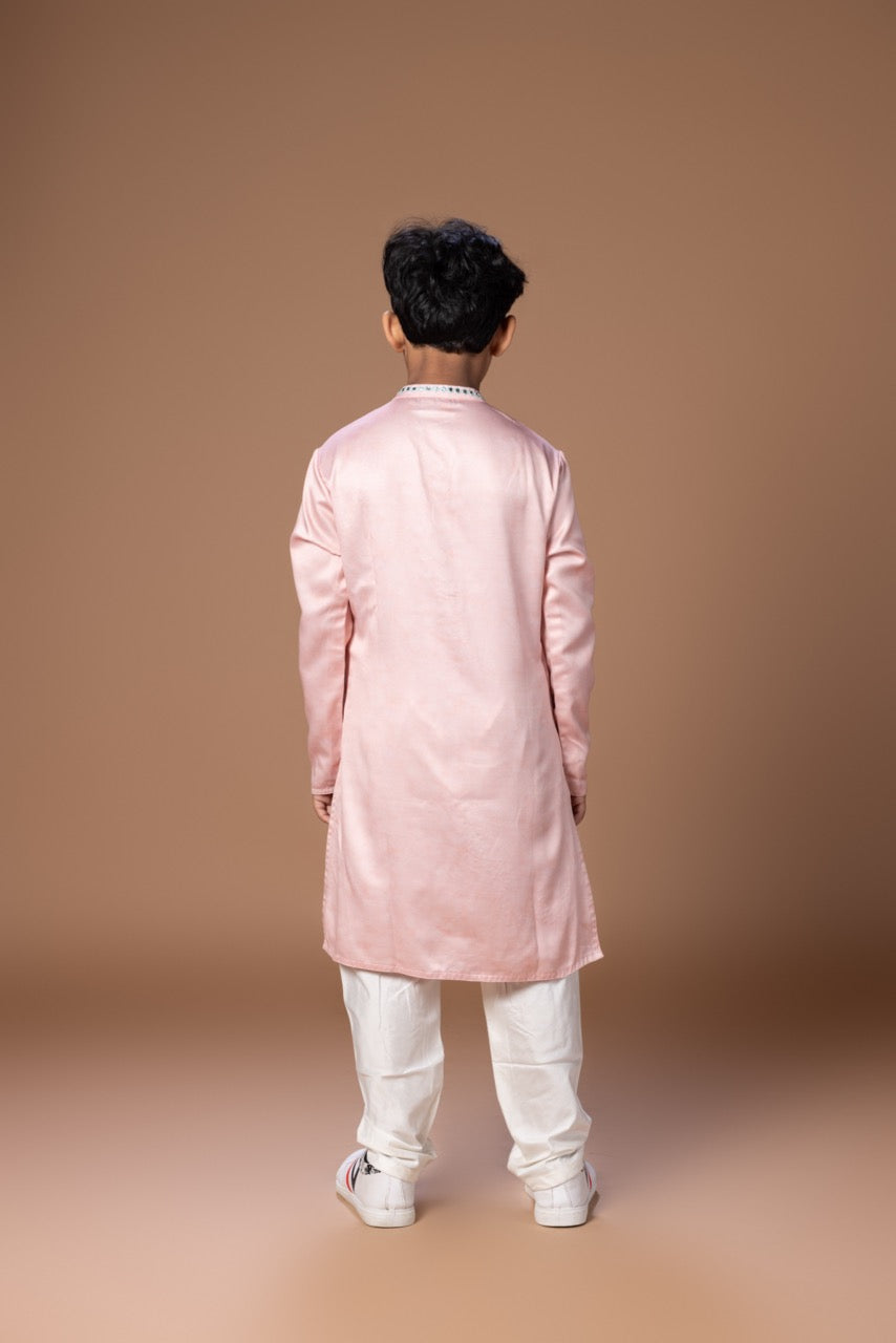 Powder Pink Mirror Work Embroidery Kurta With Pajama Set