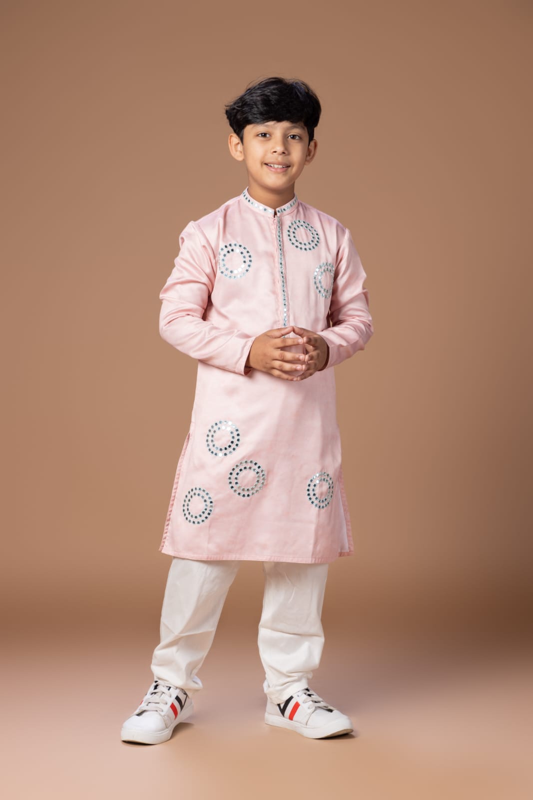 Powder Pink Mirror Work Embroidery Kurta With Pajama Set