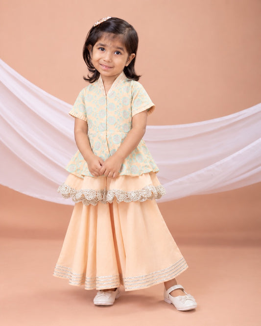 Peach And Aqua Green Heavy Embroidered Sharara Set
