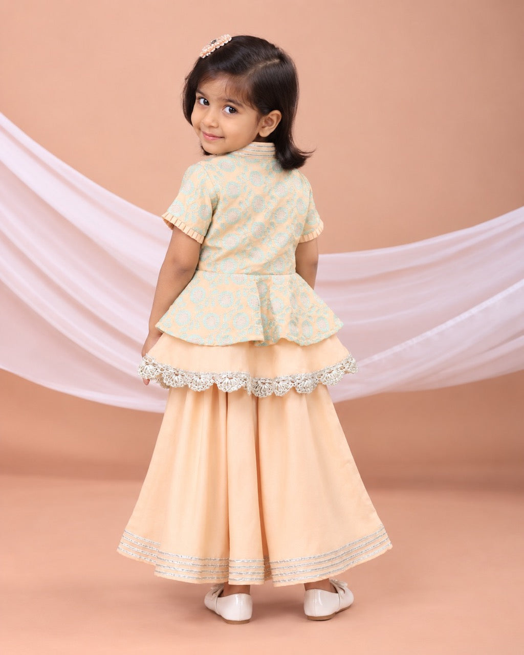 Peach And Aqua Green Heavy Embroidered Sharara Set