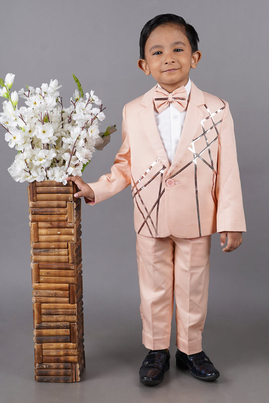 Pink Stylish Stripe Panel Suit/Shirt/Pant With Bow Tie Set
