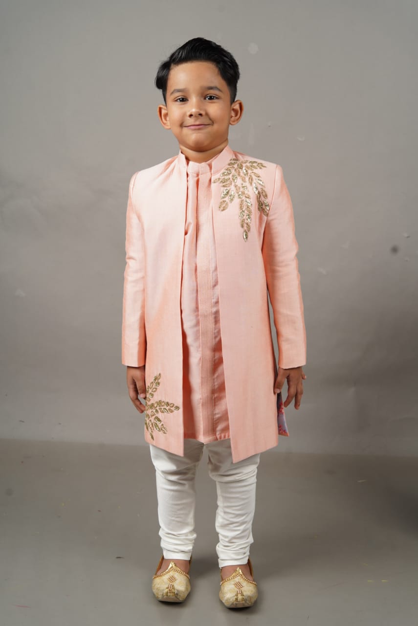 Pink Open Hand Embroidered Sherwani With Kurta Set