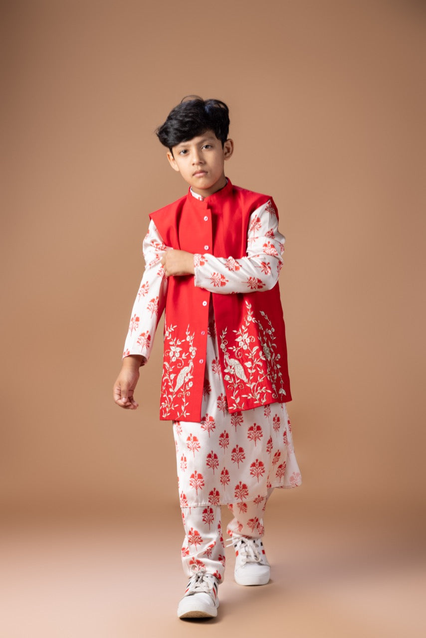 Red And Cream Flower Printed Kurta With Peacock And Flower Zari Embroidery Bundi Jacket With Printed Pajama Bottom Set