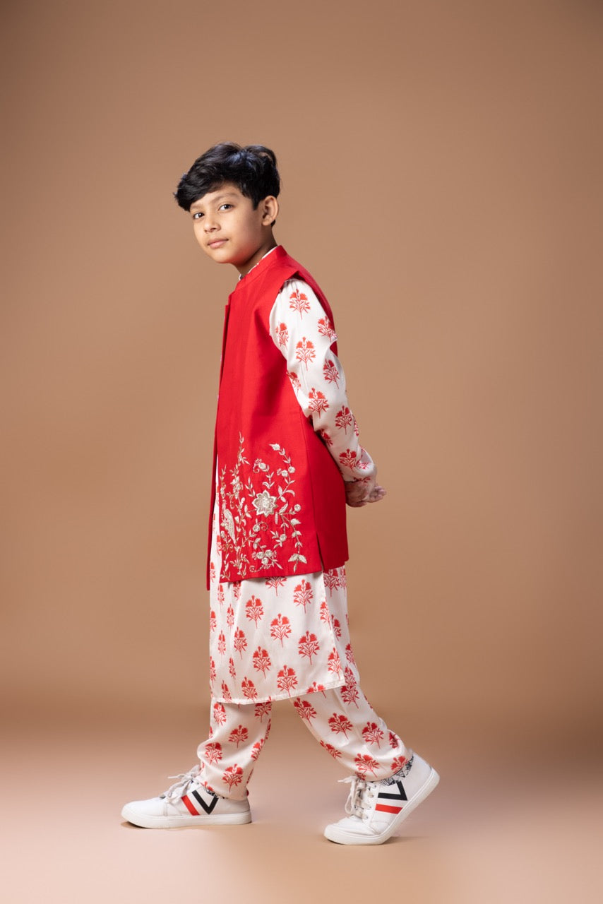 Red And Cream Flower Printed Kurta With Peacock And Flower Zari Embroidery Bundi Jacket With Printed Pajama Bottom Set
