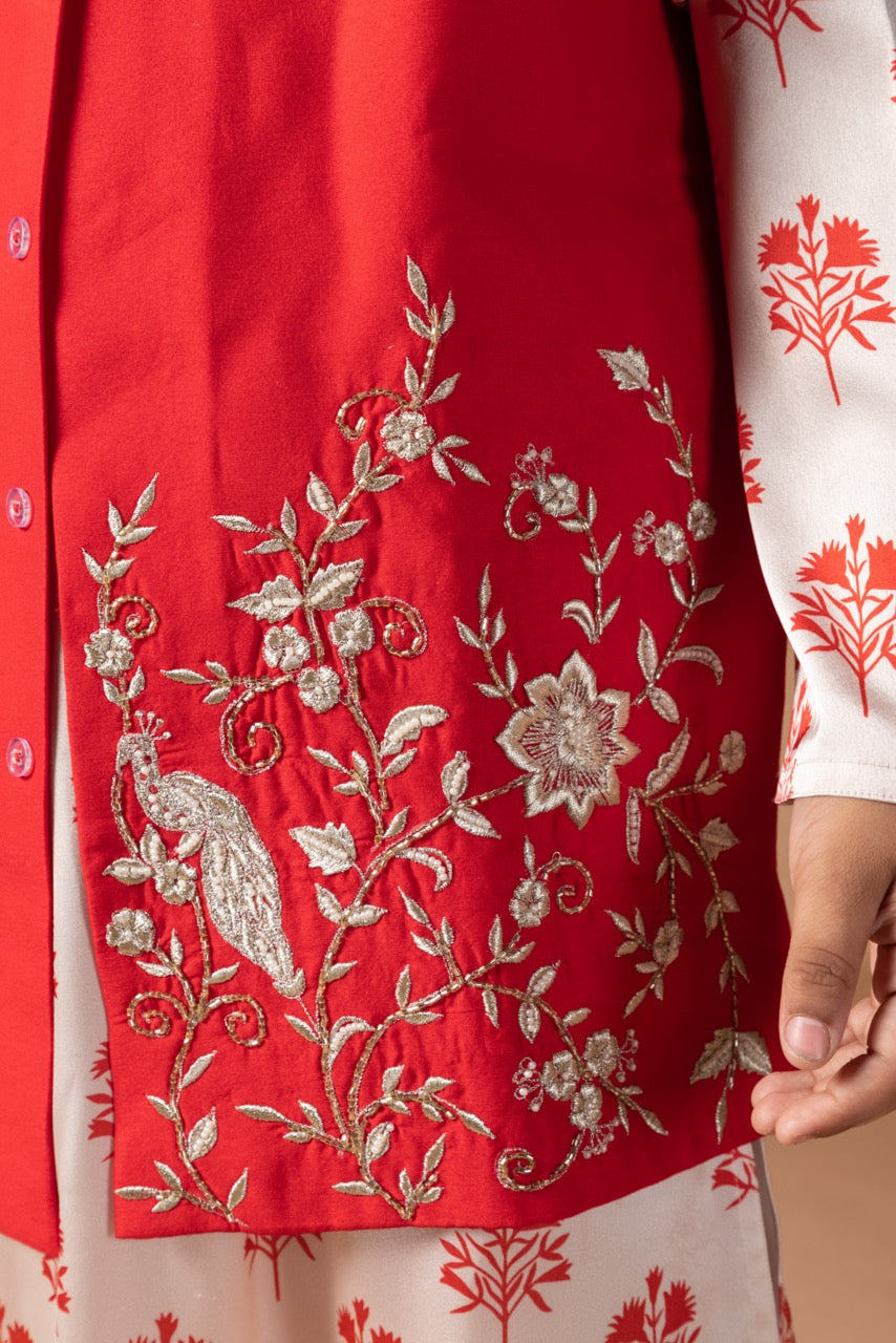 Red And Cream Flower Printed Kurta With Peacock And Flower Zari Embroidery Bundi Jacket With Printed Pajama Bottom Set