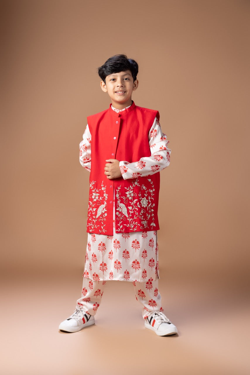 Red And Cream Flower Printed Kurta With Peacock And Flower Zari Embroidery Bundi Jacket With Printed Pajama Bottom Set