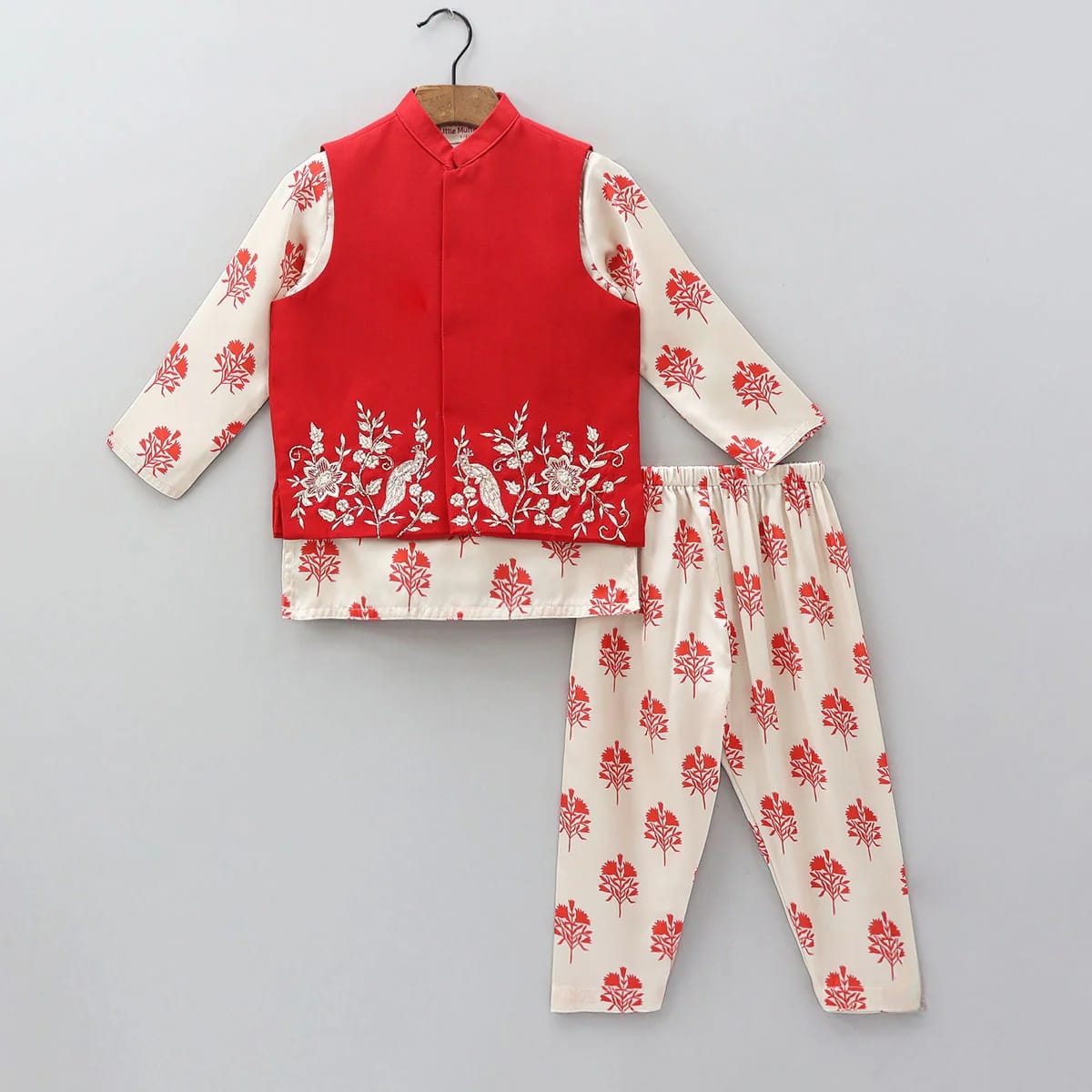 Red And Cream Flower Printed Kurta With Peacock And Flower Zari Embroidery Bundi Jacket With Printed Pajama Bottom Set