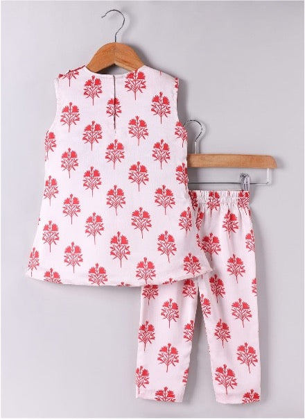 Red Peacock And Flower Zari Embroidery Top With Flower Printed Cord Set