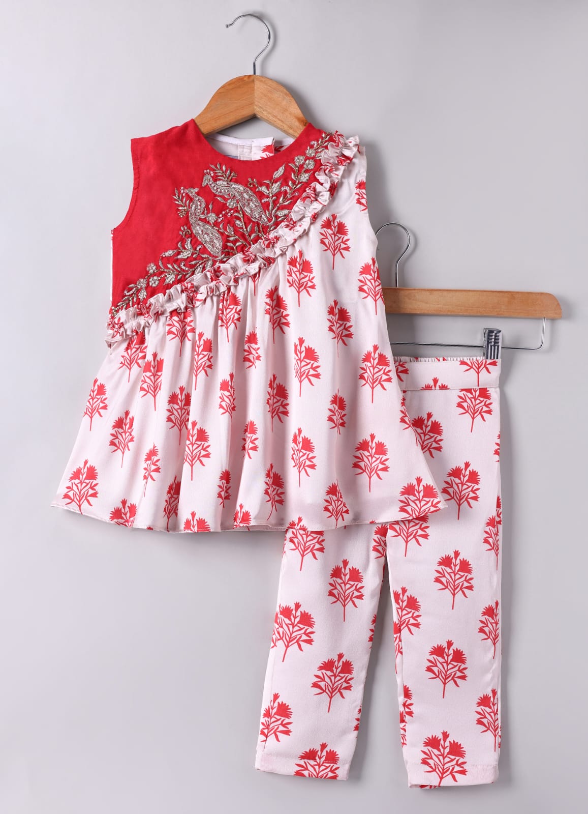Red Peacock And Flower Zari Embroidery Top With Flower Printed Cord Set