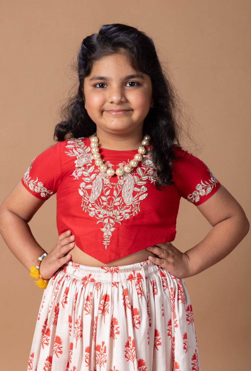 Red Peacock And Flower Embroidery Blouse With Cream Flower Printed Double Layer Ghagara Set