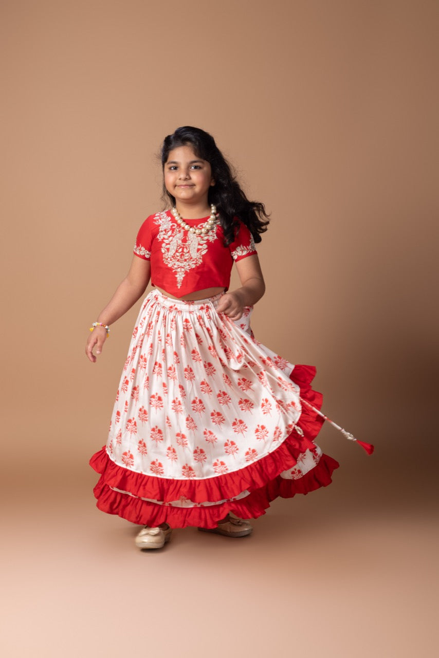 Red Peacock And Flower Embroidery Blouse With Cream Flower Printed Double Layer Ghagara Set