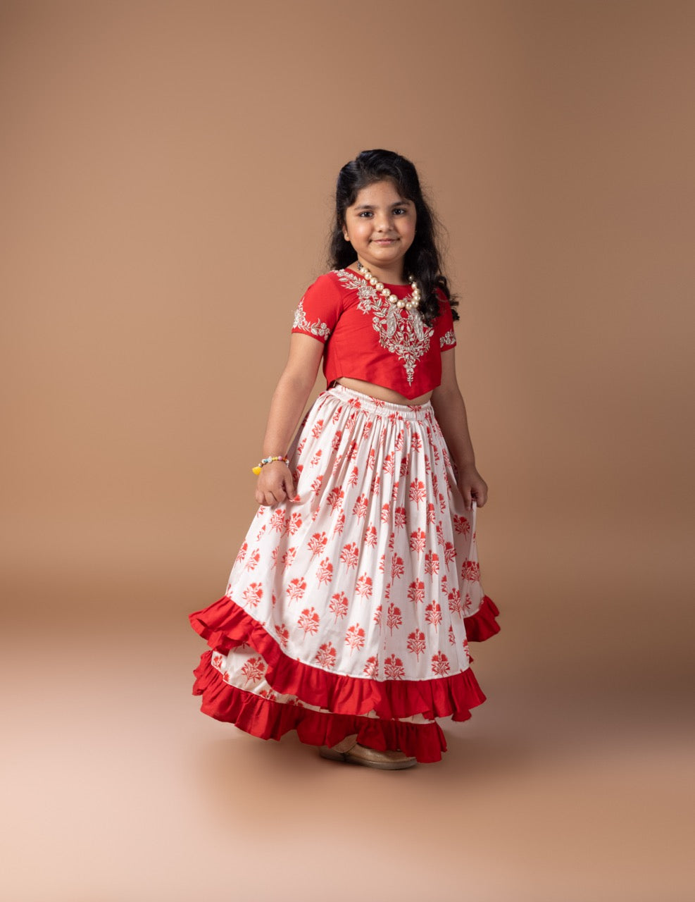 Red Peacock And Flower Embroidery Blouse With Cream Flower Printed Double Layer Ghagara Set