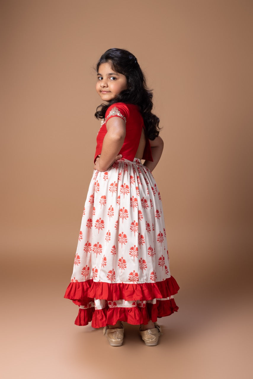Red Peacock And Flower Embroidery Blouse With Cream Flower Printed Double Layer Ghagara Set