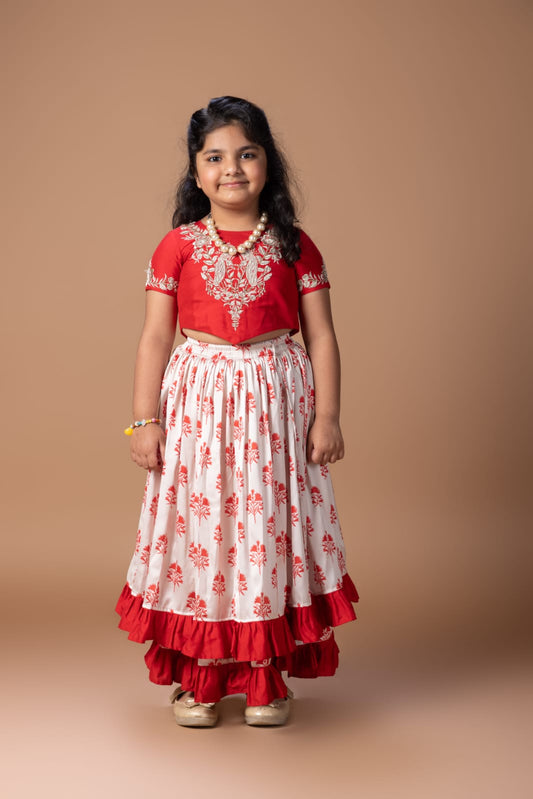 Red Peacock And Flower Embroidery Blouse With Cream Flower Printed Double Layer Ghagara Set