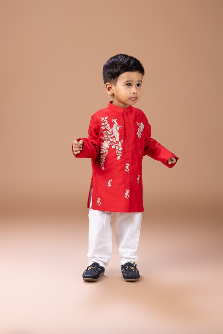 Red Peacock And Flower Zari Embroidery Kurta With Pajama Set
