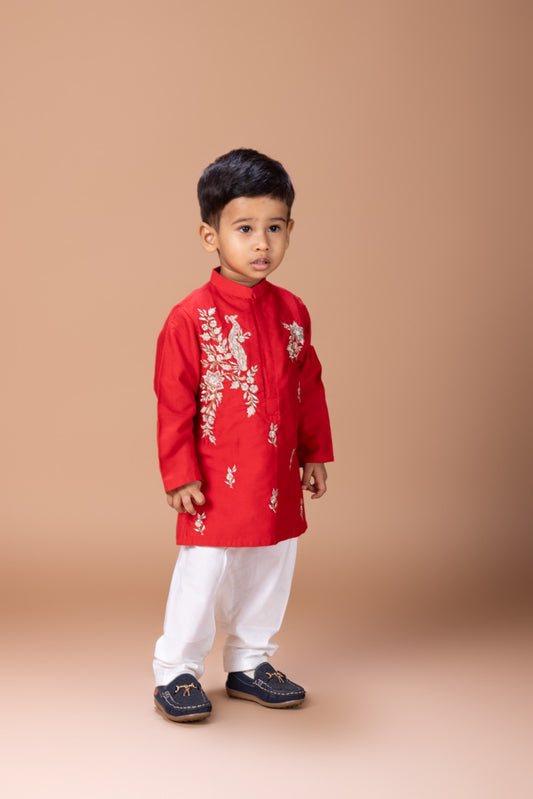 Red Peacock And Flower Zari Embroidery Kurta With Pajama Set