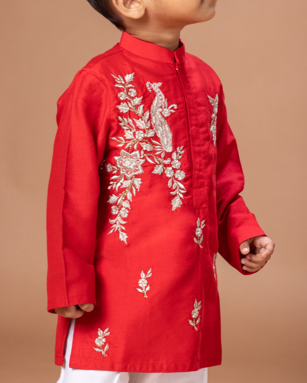 Red Peacock And Flower Zari Embroidery Kurta With Pajama Set