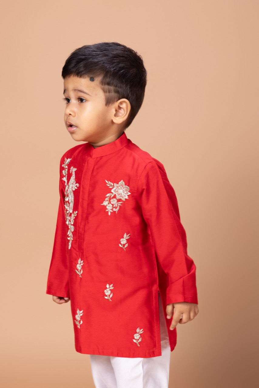 Red Peacock And Flower Zari Embroidery Kurta With Pajama Set