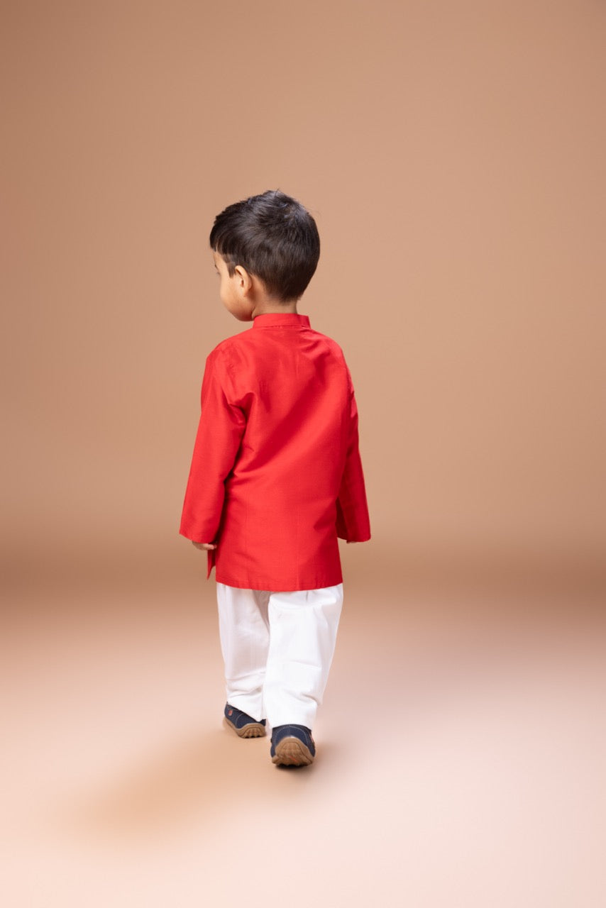 Red Peacock And Flower Zari Embroidery Kurta With Pajama Set
