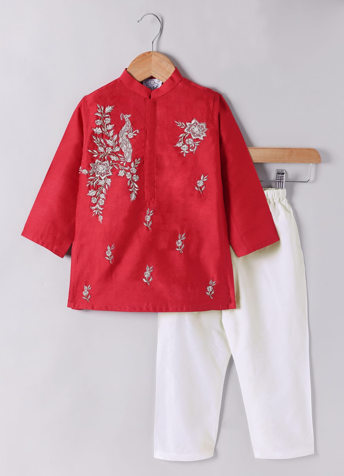 Red Peacock And Flower Zari Embroidery Kurta With Pajama Set
