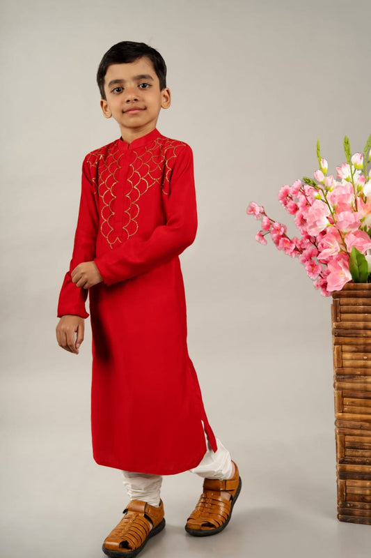 Red Kurta With Sequence Hand Embroidered With Churidar Set