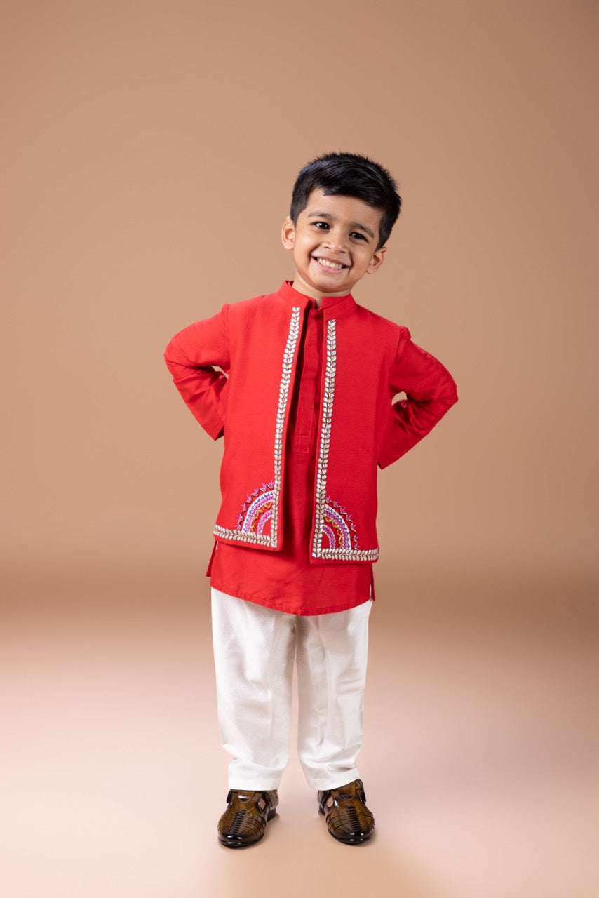 Dark Red Kurta With Heavy Gota And Thread Embroidered On Open Bundi Jacket With Pajama Set