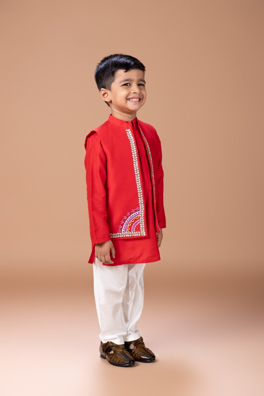 Dark Red Kurta With Heavy Gota And Thread Embroidered On Open Bundi Jacket With Pajama Set