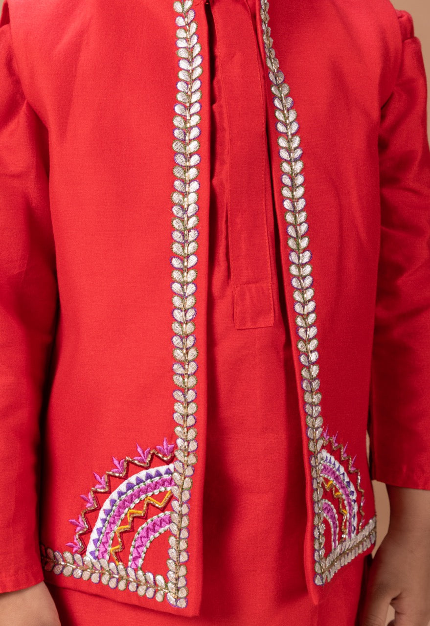 Dark Red Kurta With Heavy Gota And Thread Embroidered On Open Bundi Jacket With Pajama Set