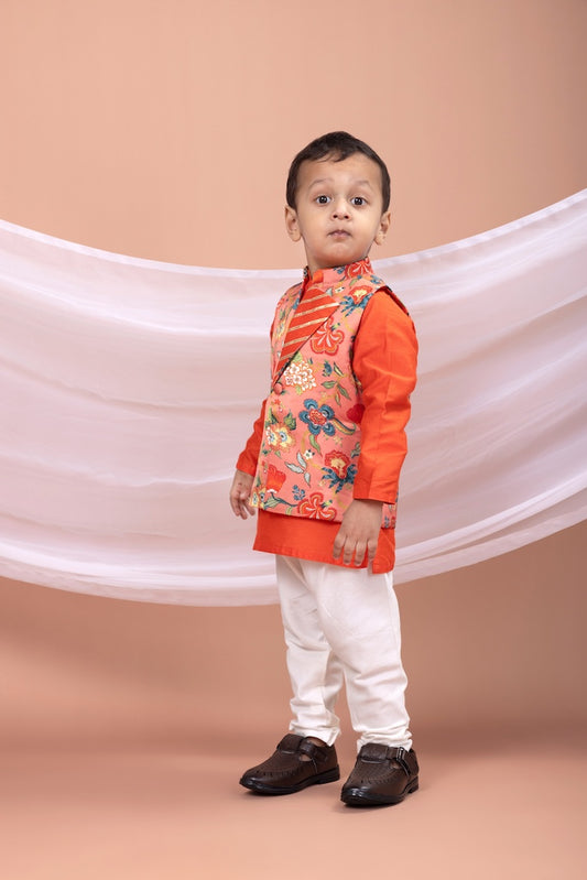 Rust Kurta With Peach Flower Printed Bundi Jacket With Pajama Set