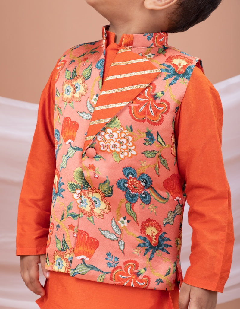 Rust Kurta With Peach Flower Printed Bundi Jacket With Pajama Set