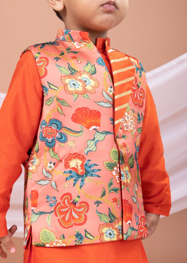 Rust Kurta With Peach Flower Printed Bundi Jacket With Pajama Set