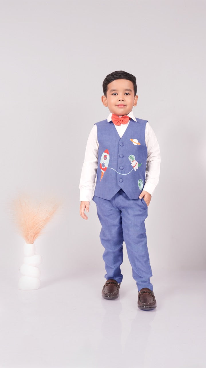 Blue Space Embroidery Waist Coat/Pant/Bow Tie Set