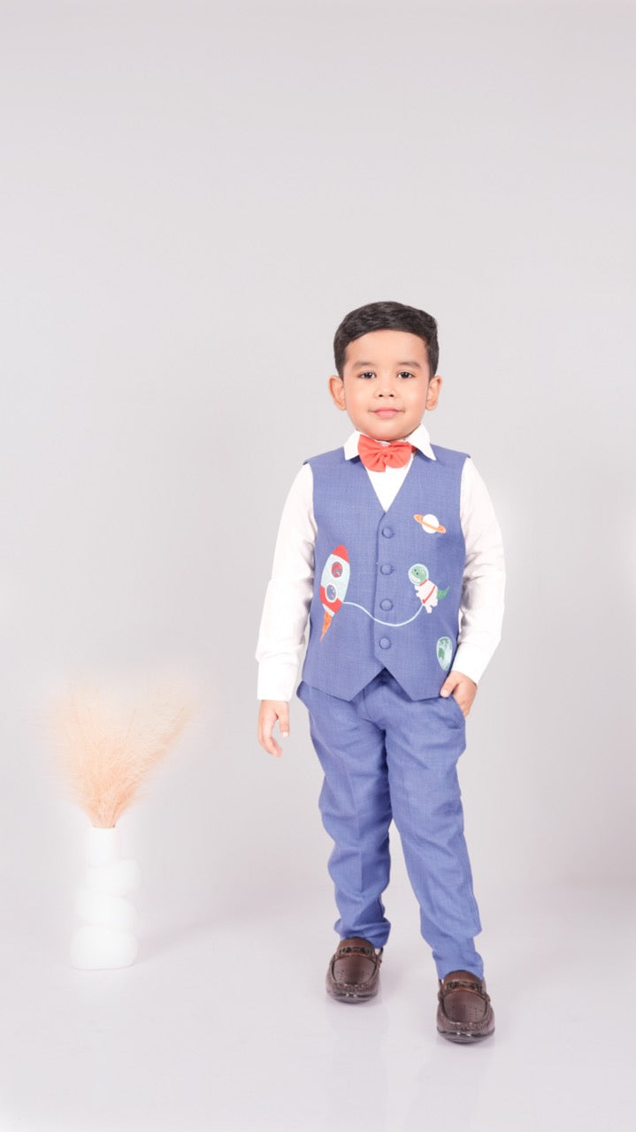 Blue Space Embroidery Waist Coat/Pant/Bow Tie Set