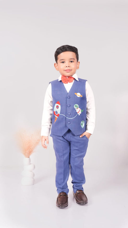 Blue Space Embroidery Waist Coat/Pant/Bow Tie Set