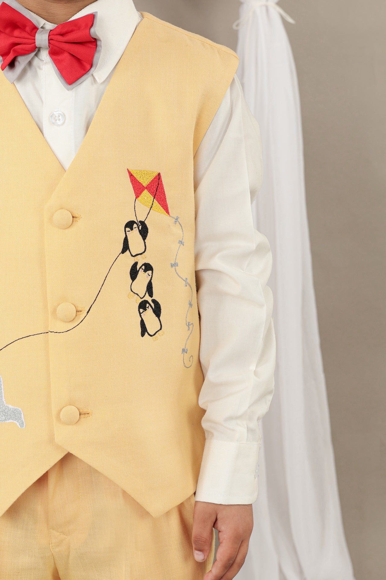 Yellow Bear And Penguin Waist Coat/Shirt/Pant/Bow Tie Set