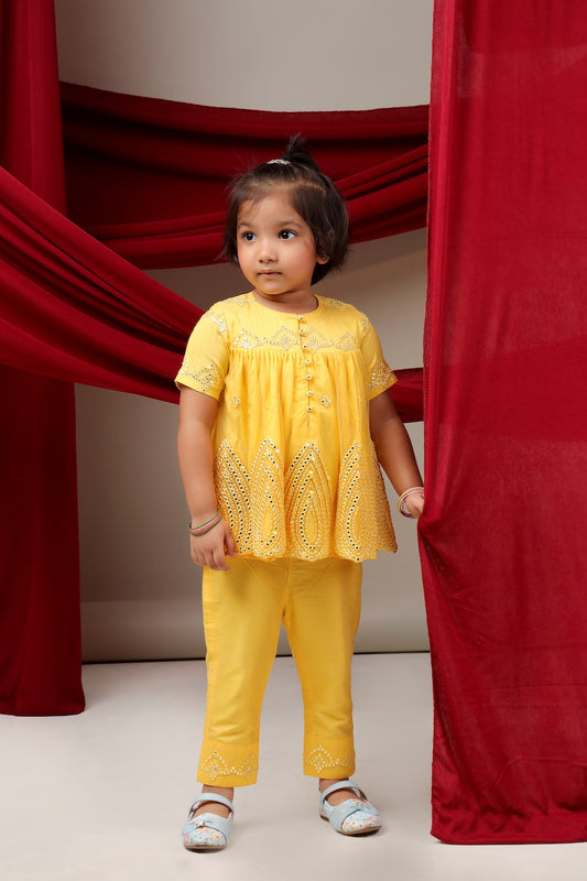 Yellow Mirror Embroidered Top With Pant Set