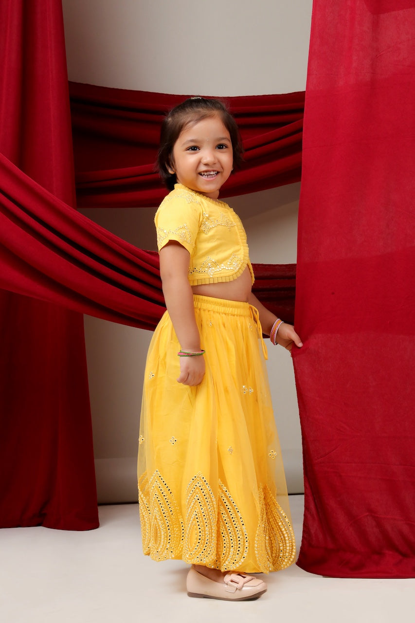 Yellow Mirror Embroidered Blouse With Mirror Embroidered Ghagara Set