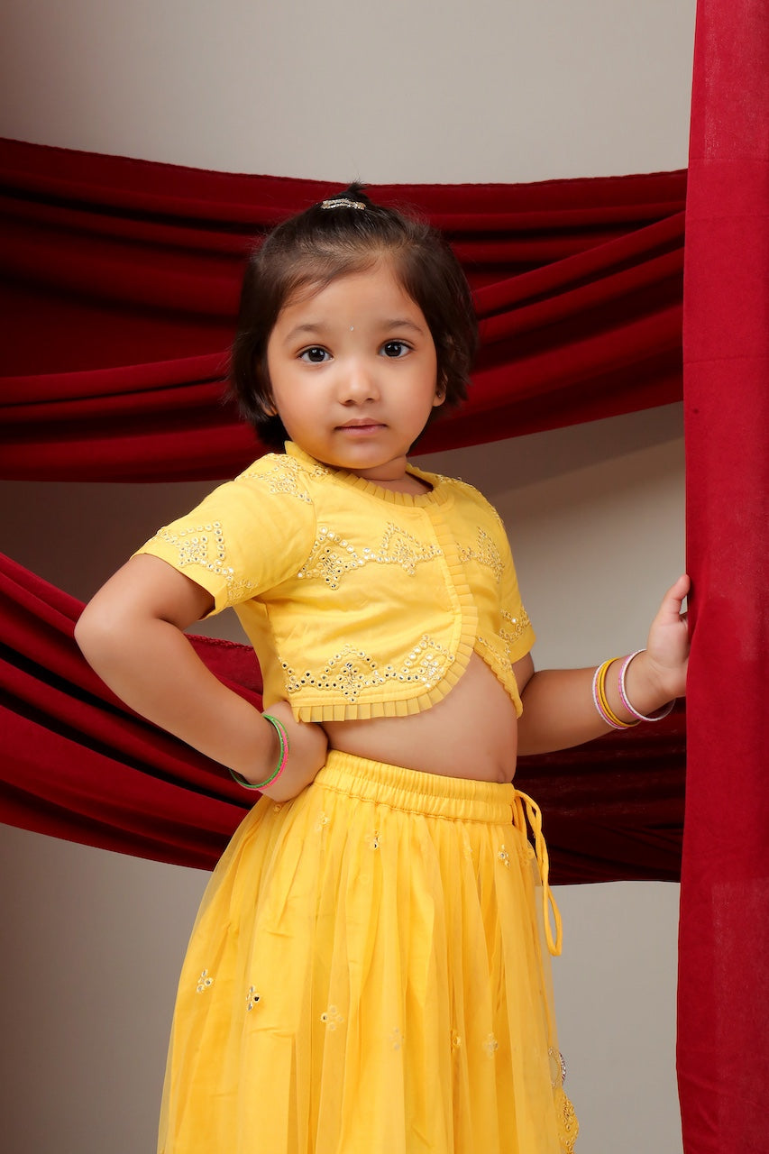 Yellow Mirror Embroidered Blouse With Mirror Embroidered Ghagara Set