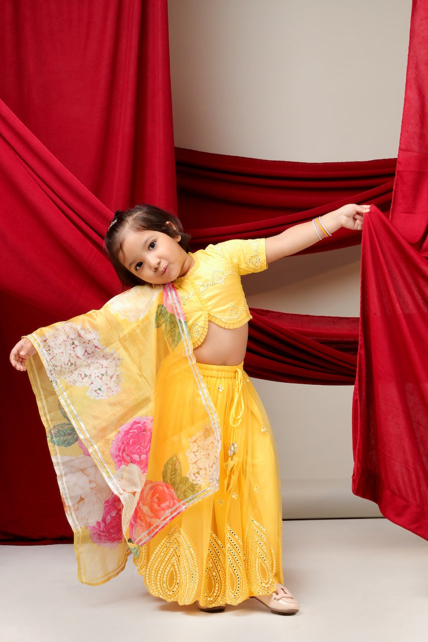 Yellow Mirror Embroidered Blouse With Mirror Embroidered Ghagara Set