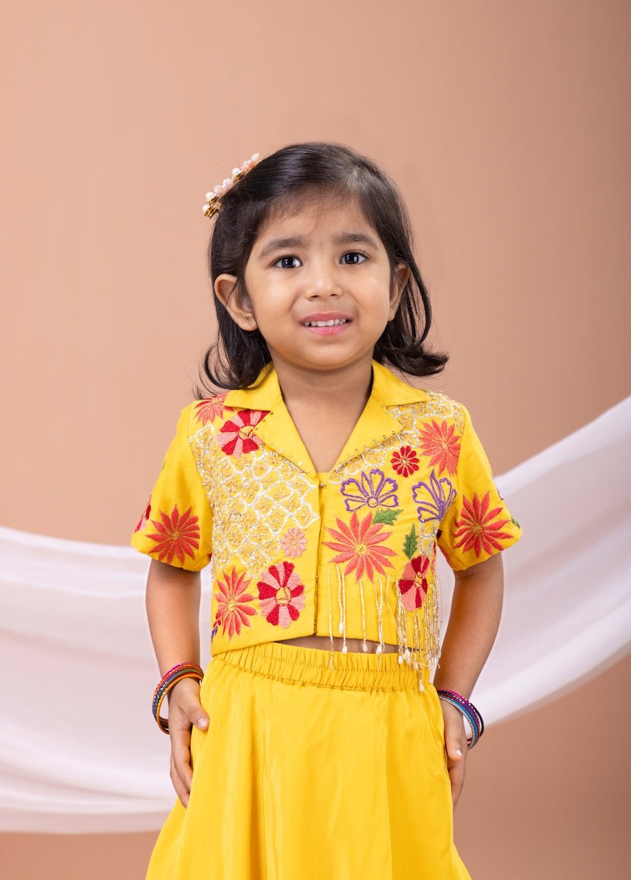 Yellow Mix Heavy Embroidered Blouse With Asymmetrical Ghagara Set