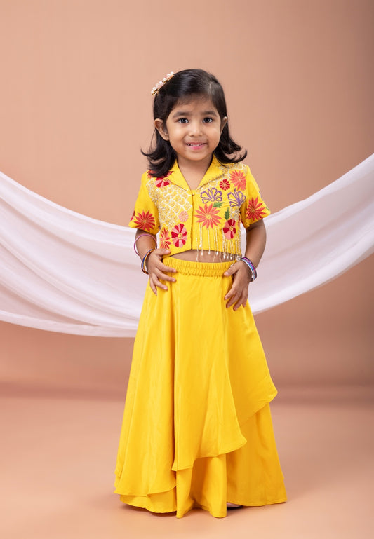 Yellow Mix Heavy Embroidered Blouse With Asymmetrical Ghagara Set