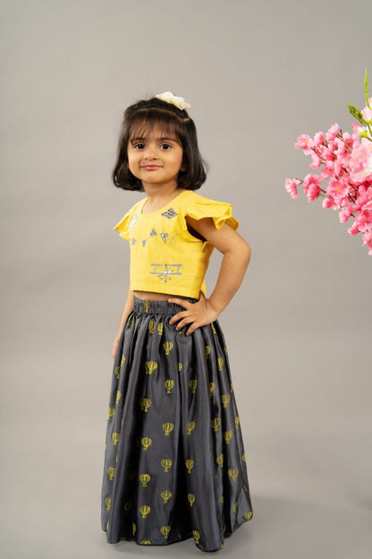 Yellow Embroidered Plane/balloon Blouse With Balloon Printed Ghagara Set