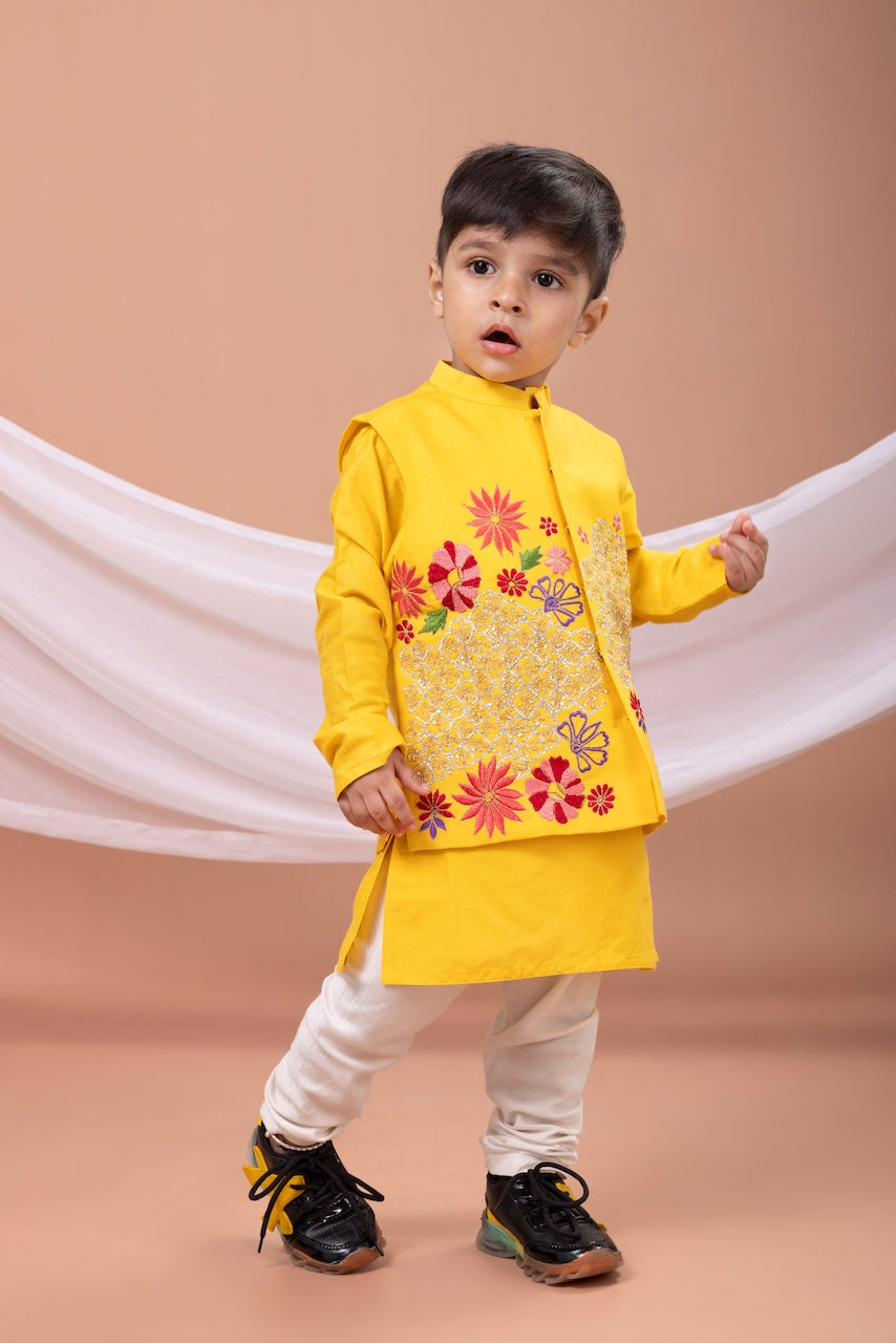 Yellow Kurta With Mix Heavy Embroidered Bundi Jacket With Pajama Set