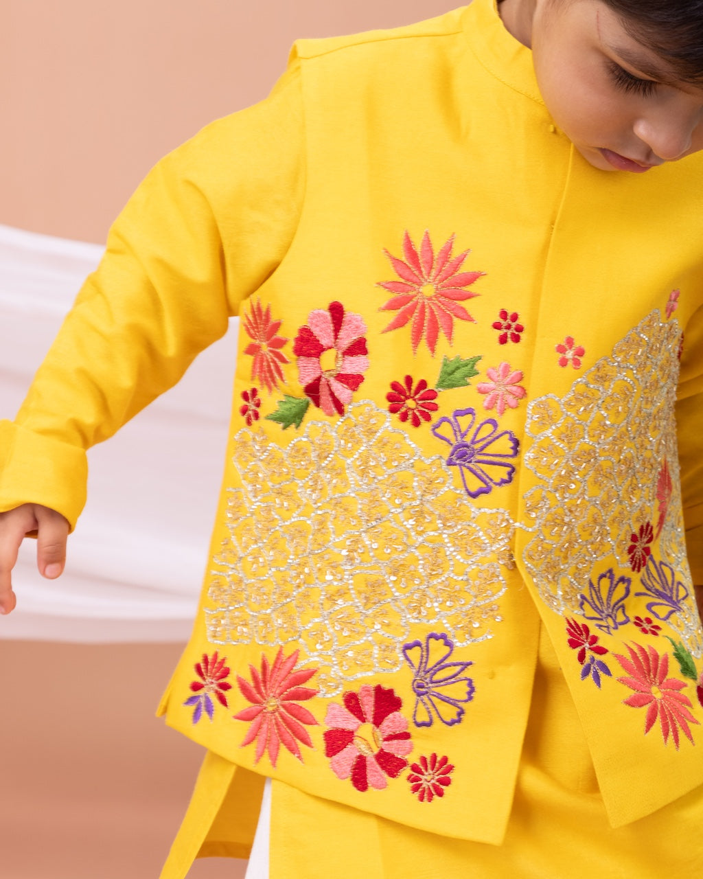 Yellow Kurta With Mix Heavy Embroidered Bundi Jacket With Pajama Set