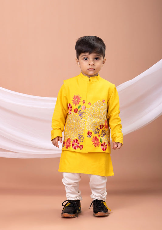 Yellow Kurta With Mix Heavy Embroidered Bundi Jacket With Pajama Set